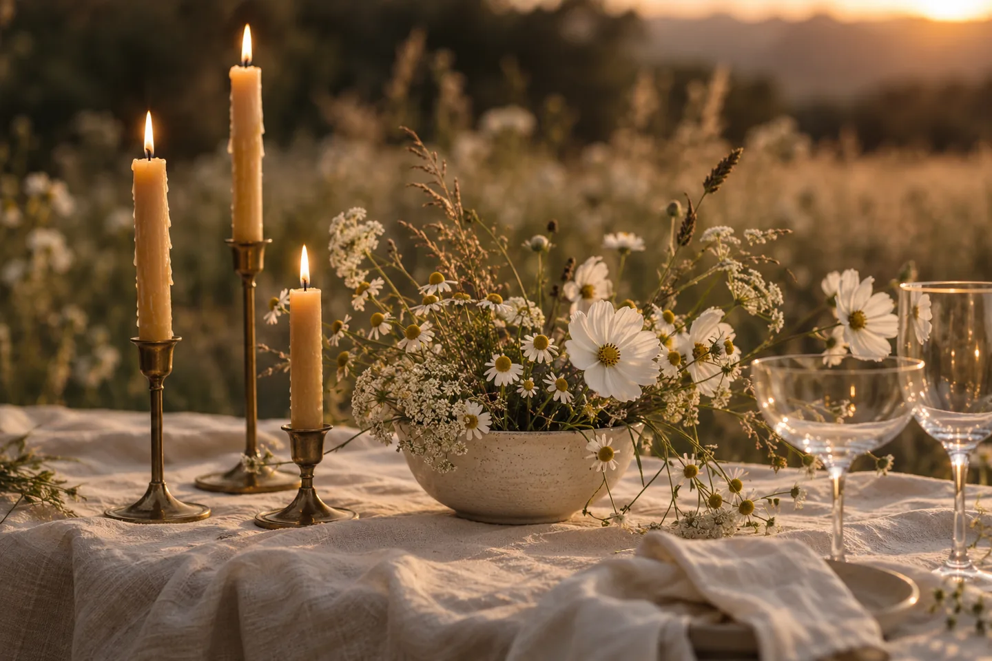 Wedding styling inspiration: warm taper candles, ivory linen, and delicate white flowers.